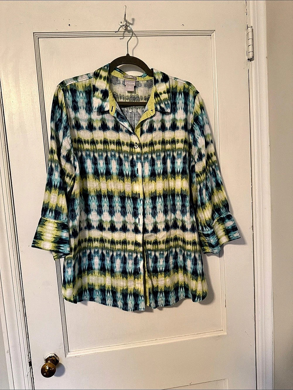 Chico's No Iron Linen Tie-Dye Shirt Button Down Blue & Green Size 3